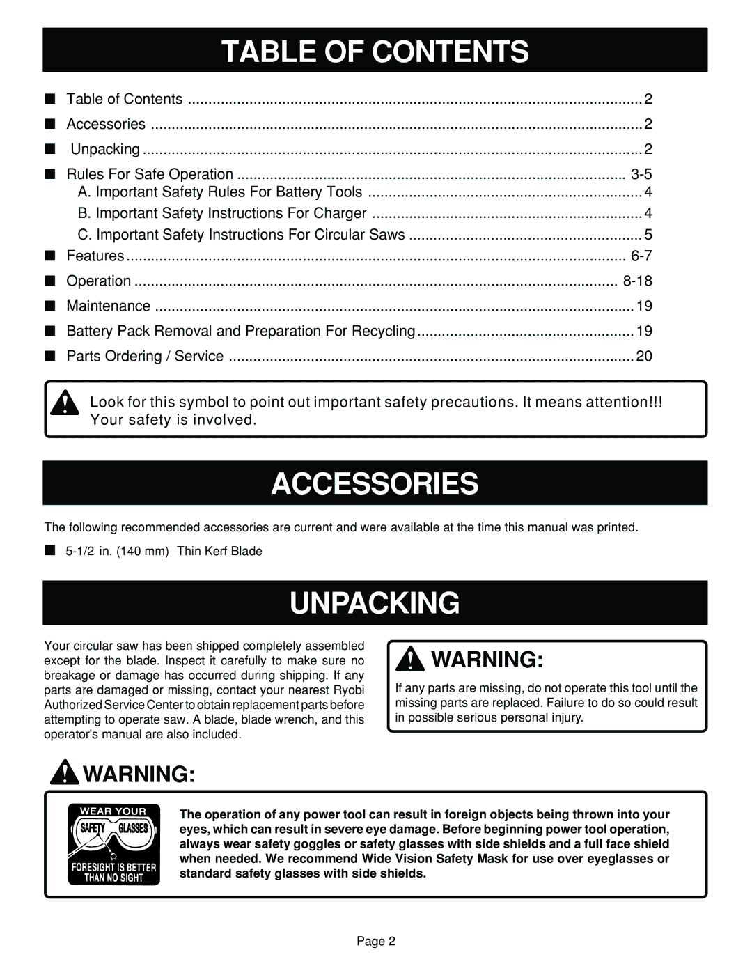 Ryobi R10630 specifications Table of Contents, Accessories, Unpacking 