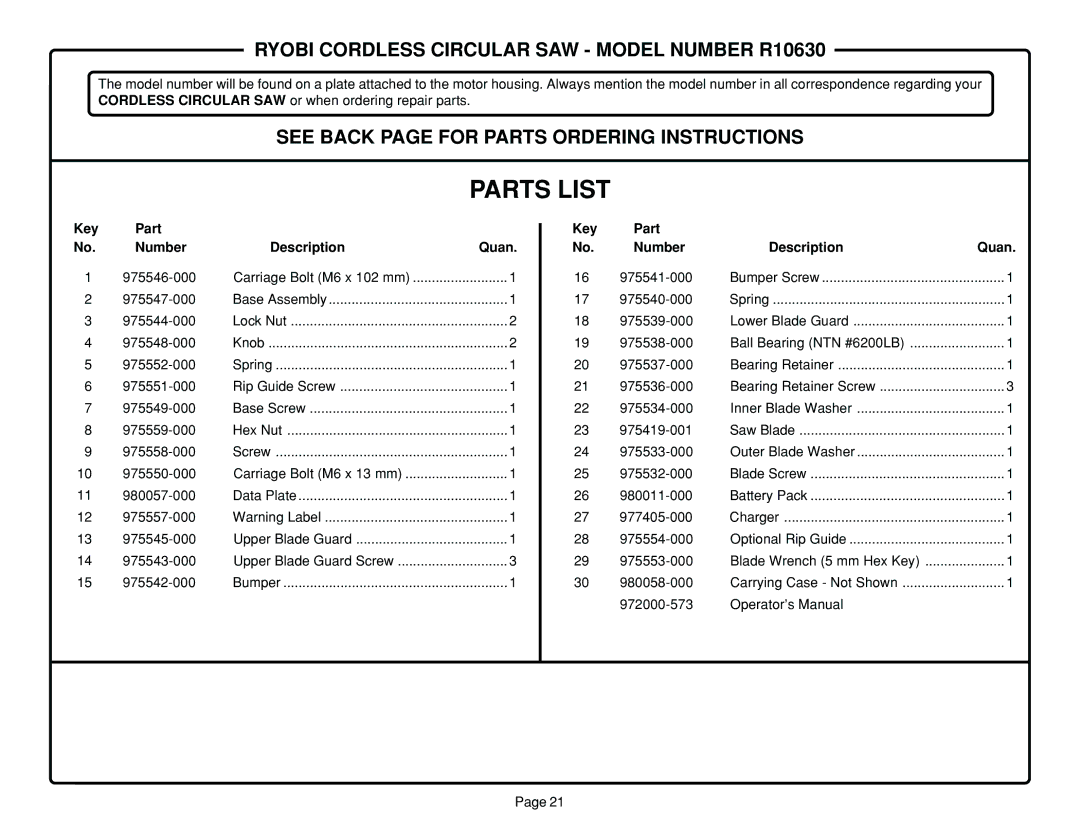 Ryobi R10630 specifications Parts List 