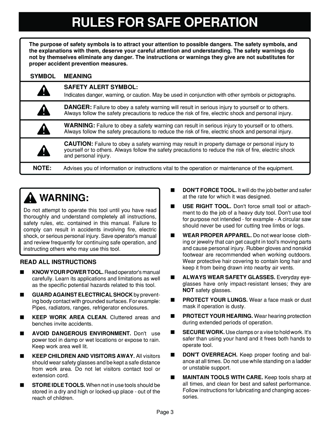 Ryobi R10630 specifications Rules for Safe Operation, Symbol Meaning Safety Alert Symbol, Read ALL Instructions 