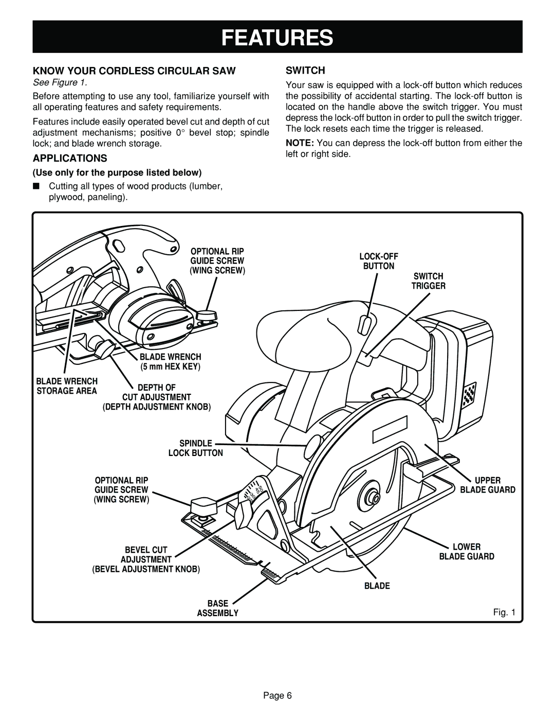 Ryobi R10630 specifications Features, Know Your Cordless Circular SAW, Applications, Switch 