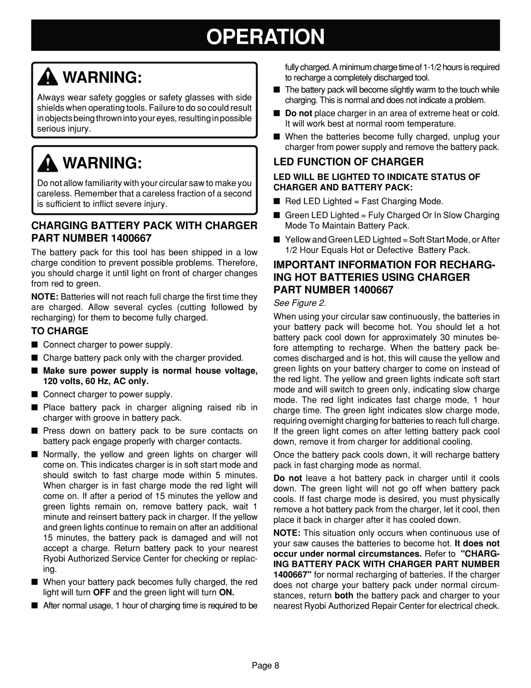 Ryobi R10630 specifications Operation, To Charge 