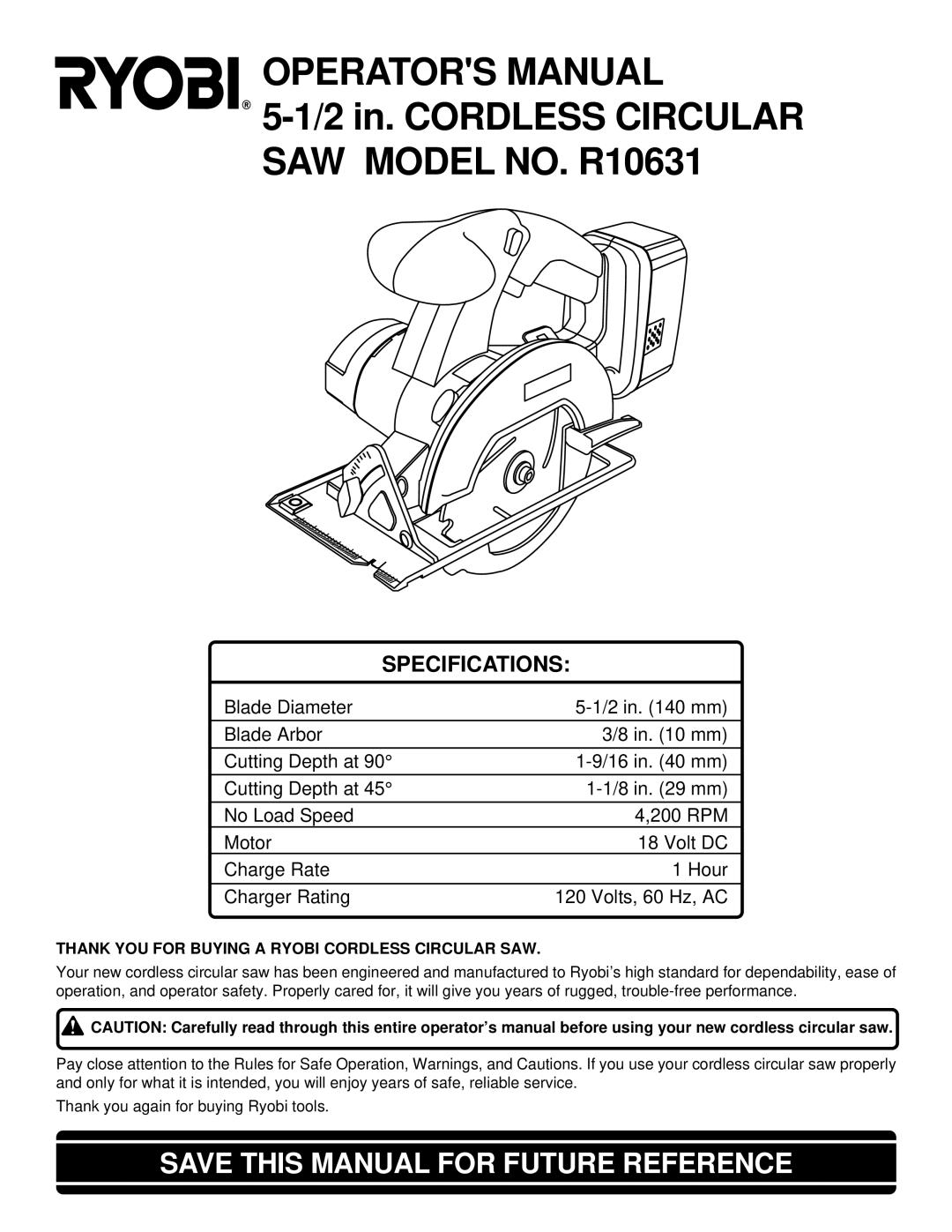 Ryobi R10631 specifications Operators Manual, Thank YOU for Buying a Ryobi Cordless Circular SAW 