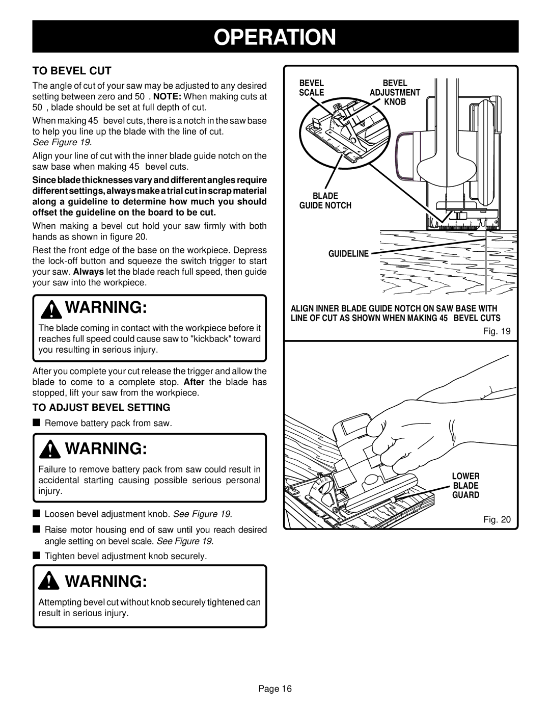 Ryobi R10631 specifications To Adjust Bevel Setting, Blade Guide Notch Guideline, Guard 