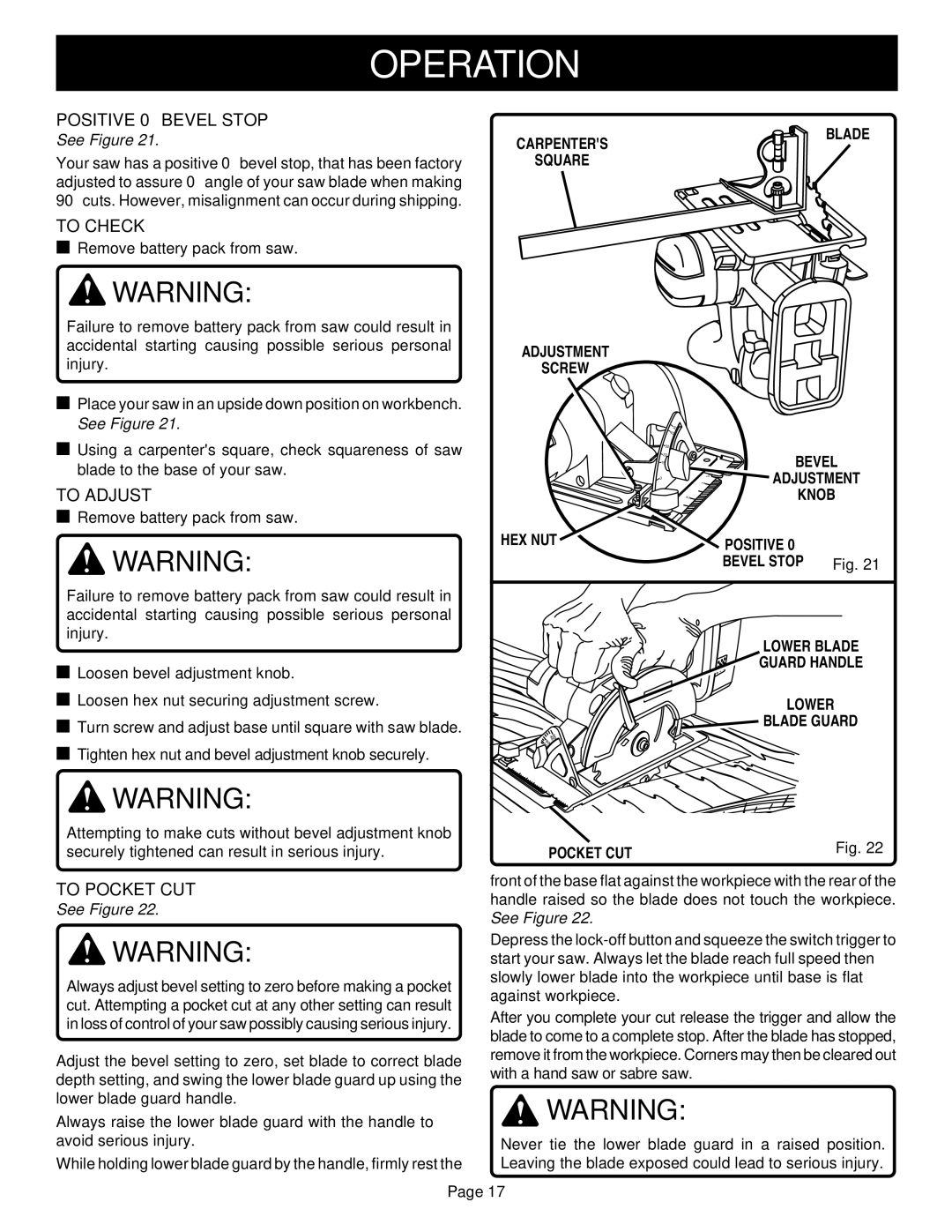 Ryobi R10631 specifications Positive 0 Bevel Stop, To Check, To Adjust, To Pocket CUT 