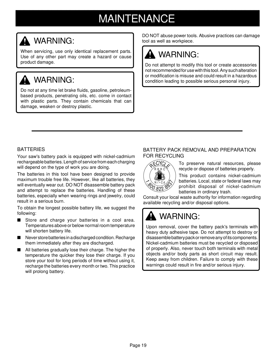 Ryobi R10631 specifications Maintenance, Batteries, Battery Pack Removal and Preparation for Recycling 