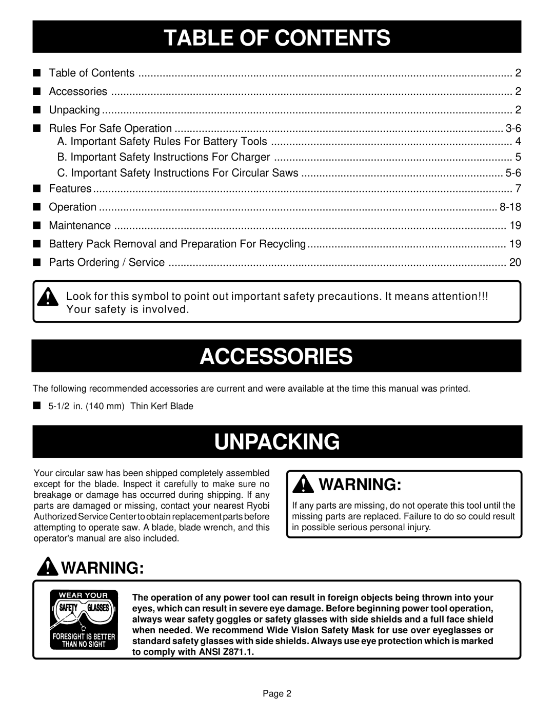 Ryobi R10631 specifications Table of Contents 