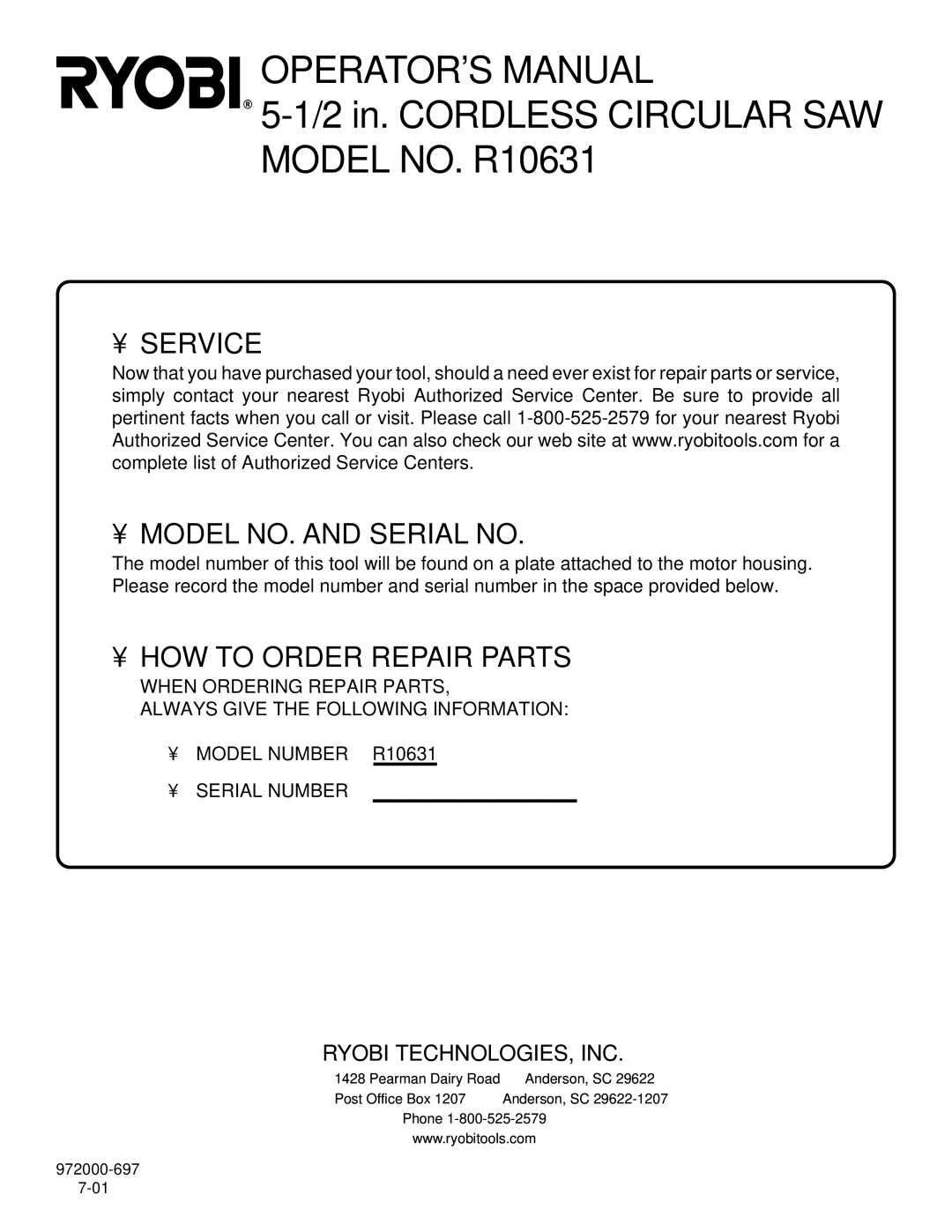 Ryobi specifications 2 in. Cordless Circular SAW Model NO. R10631 