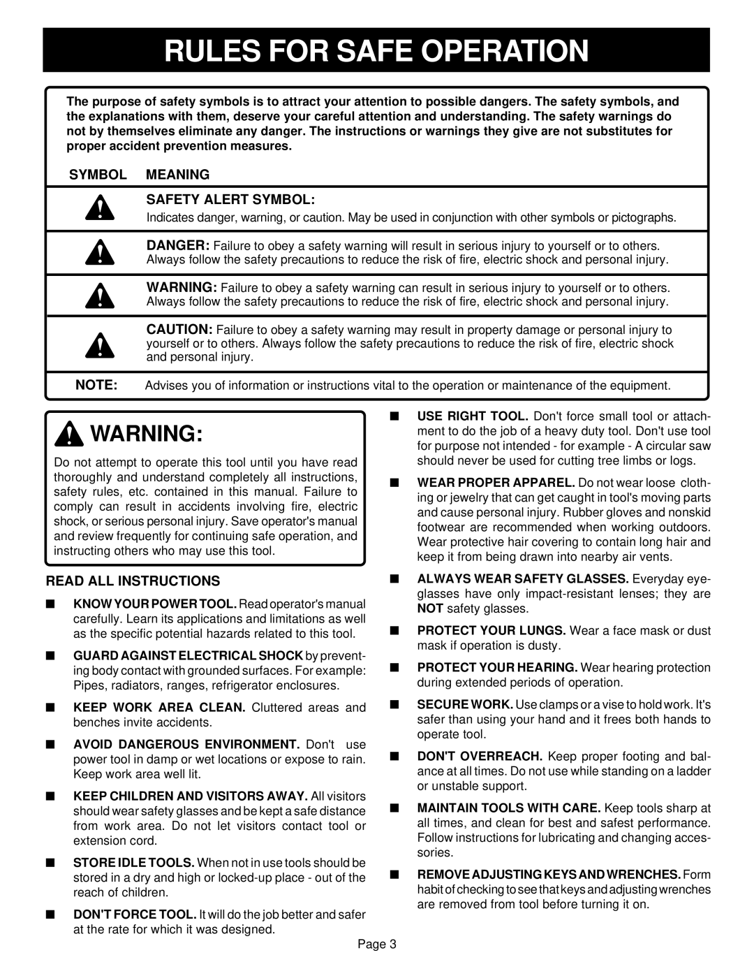 Ryobi R10631 specifications Rules for Safe Operation, Symbol Meaning Safety Alert Symbol, Read ALL Instructions 