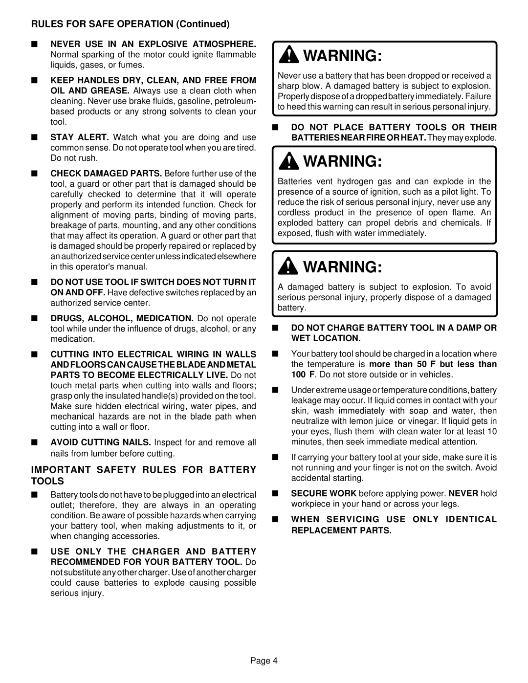 Ryobi R10631 specifications Important Safety Rules for Battery Tools, Do not Charge Battery Tool in a Damp or WET Location 