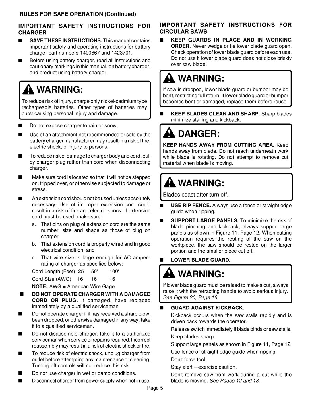 Ryobi R10631 Important Safety Instructions for Charger, Important Safety Instructions for Circular Saws, Lower Blade Guard 