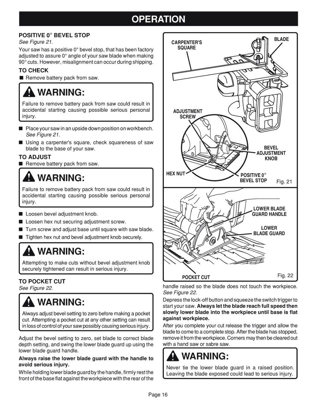 Ryobi R10632 specifications Positive 0 Bevel Stop, To Check, To Adjust, To Pocket CUT 