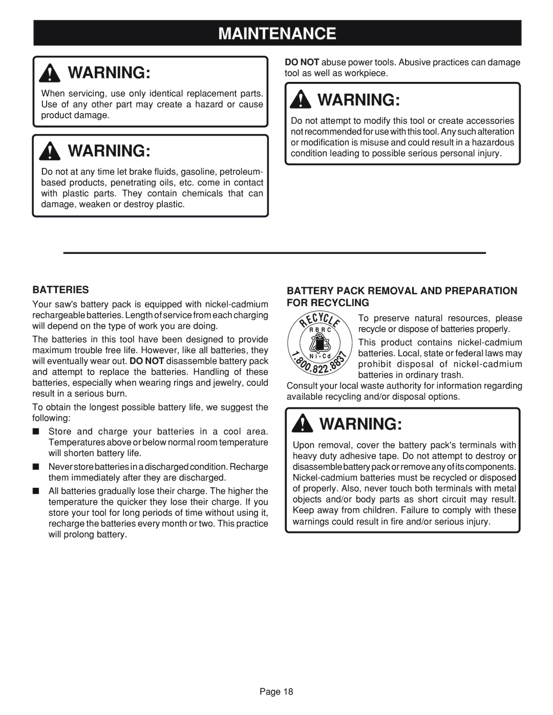 Ryobi R10632 specifications Maintenance, Batteries, Battery Pack Removal and Preparation for Recycling 