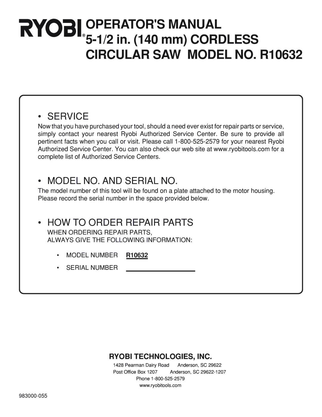 Ryobi R10632 specifications ¥ Service ¥ Model NO. and Serial no 