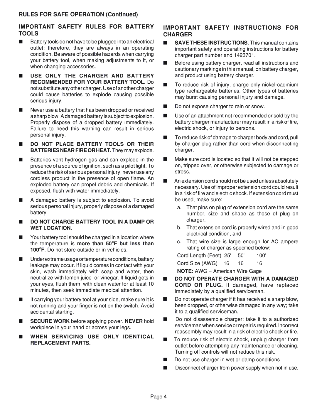 Ryobi R10632 specifications Important Safety Rules for Battery Tools, Important Safety Instructions for Charger 