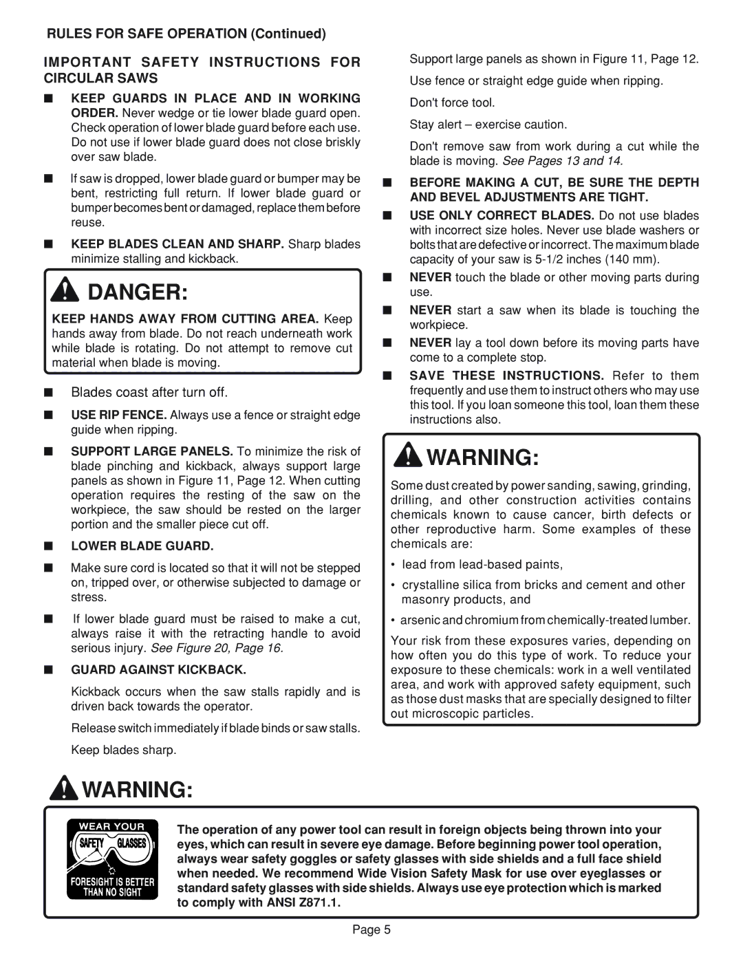 Ryobi R10632 specifications Important Safety Instructions for Circular Saws, Lower Blade Guard, Guard Against Kickback 