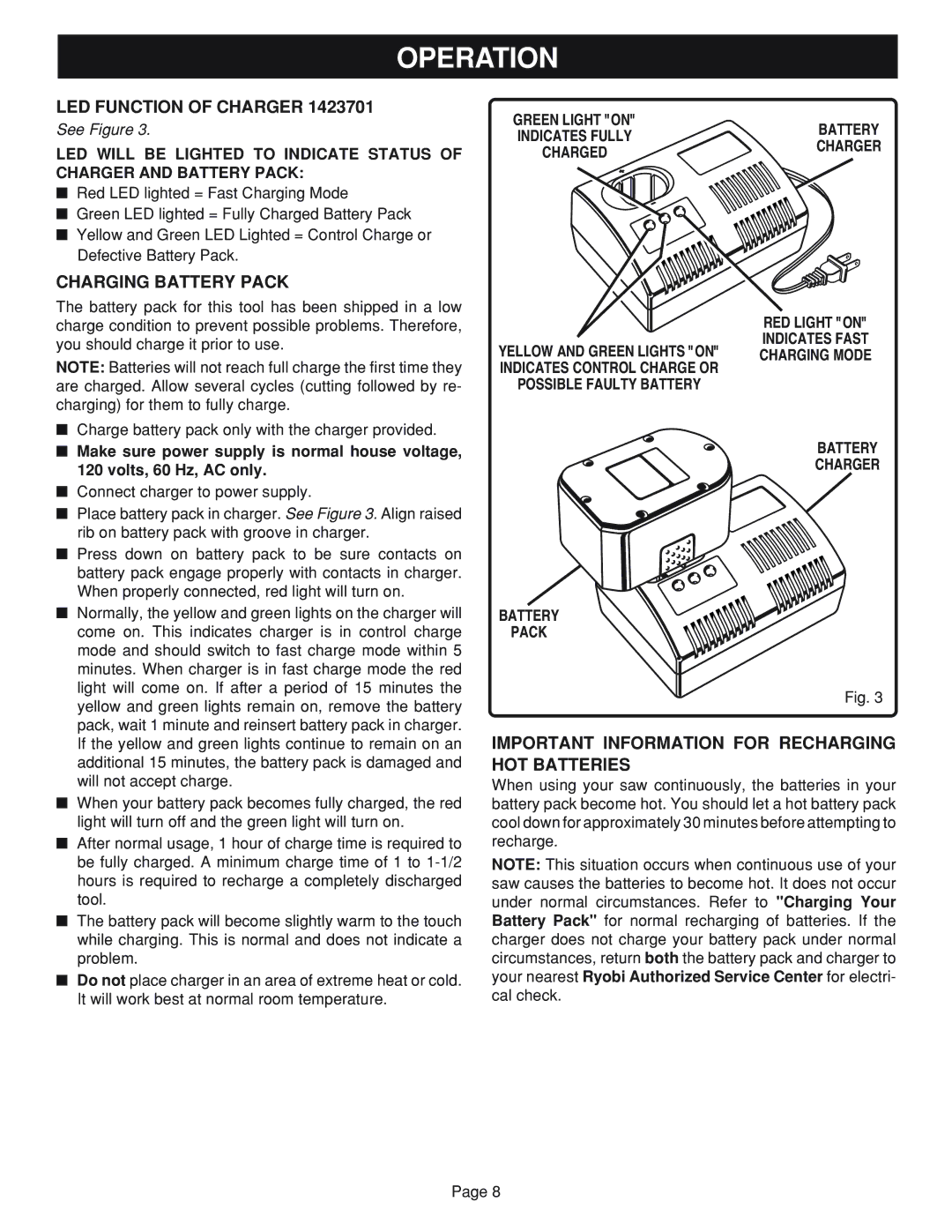 Ryobi R10632 Operation, LED Function of Charger, Charging Battery Pack, Important Information for Recharging HOT Batteries 