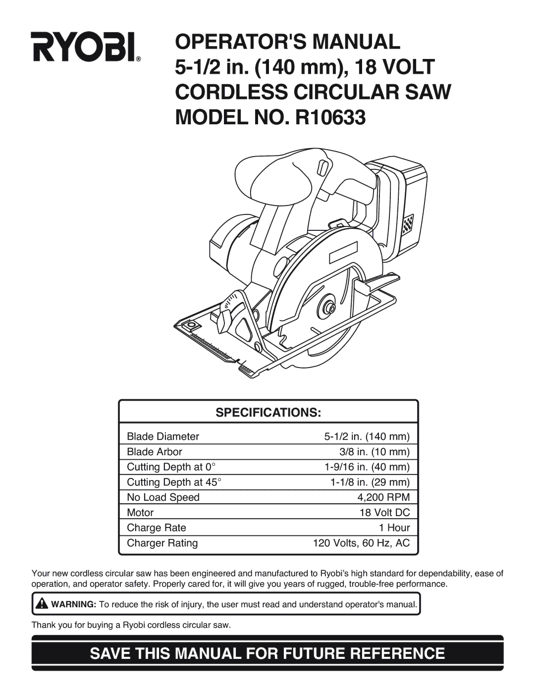 Ryobi R10633 specifications Operators Manual, Save this Manual for Future Reference 