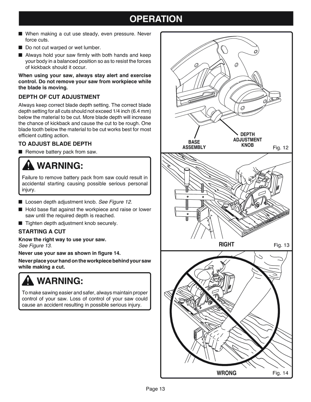 Ryobi R10633 specifications Depth of CUT Adjustment, To Adjust Blade Depth, Starting a CUT 