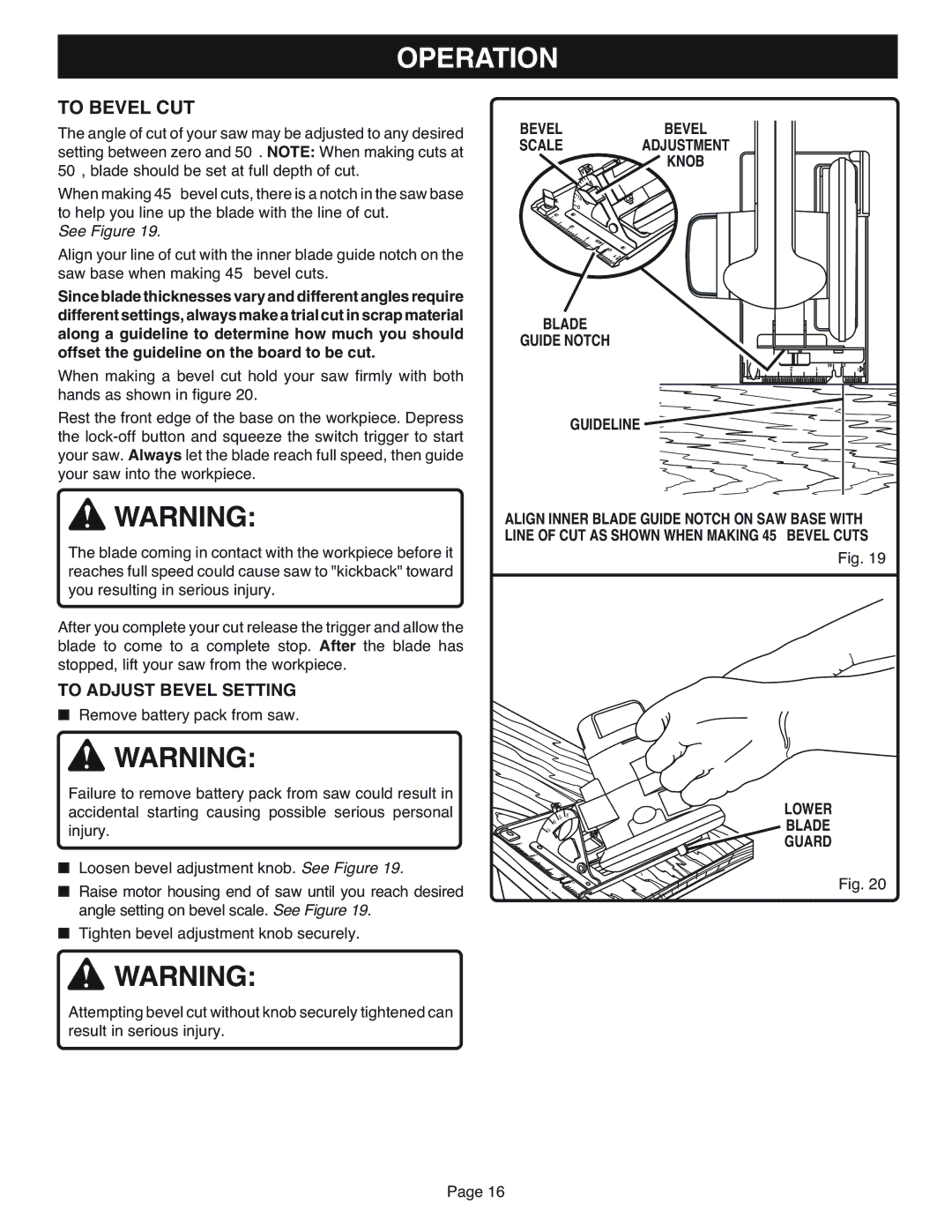 Ryobi R10633 specifications To Adjust Bevel Setting, Blade Guide Notch Guideline 