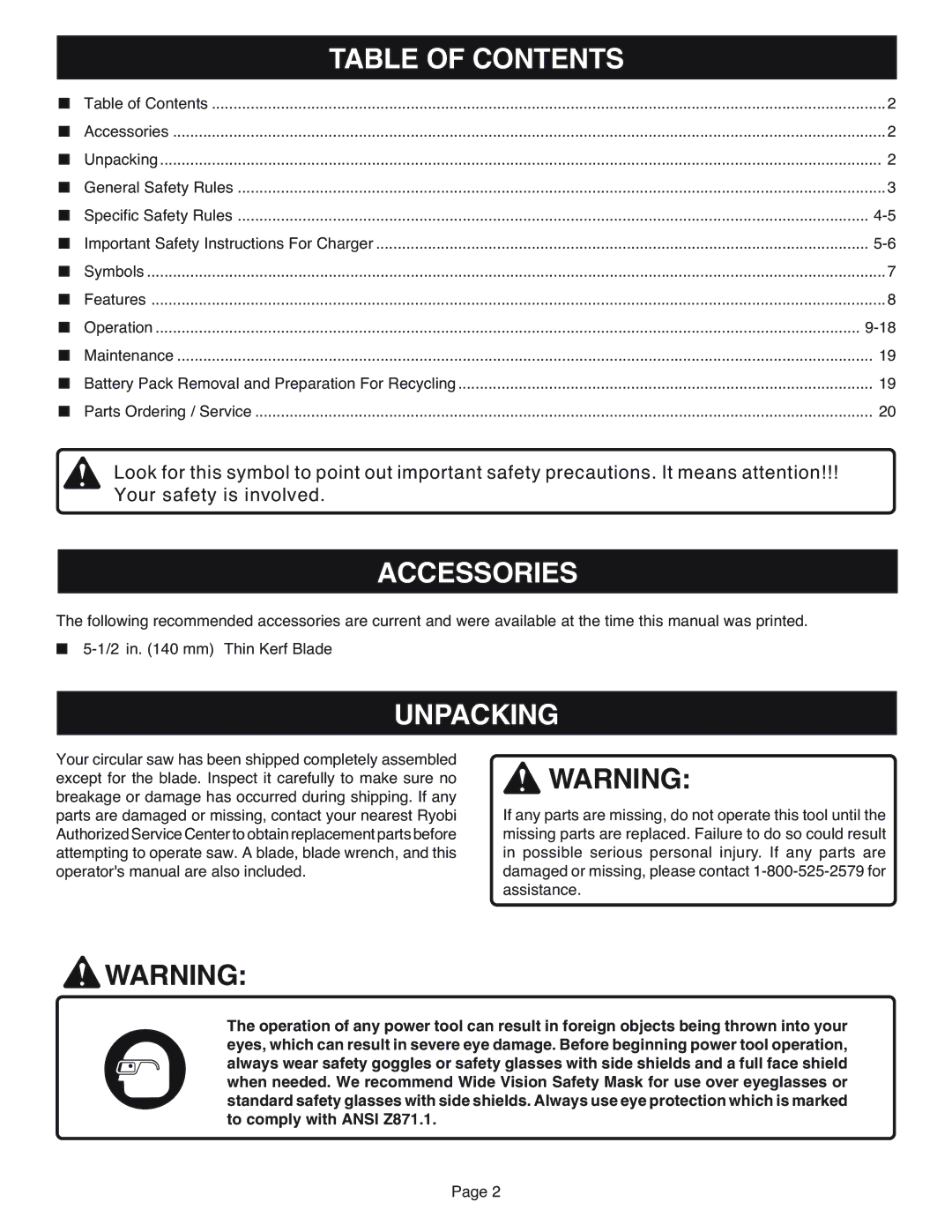 Ryobi R10633 specifications Table of Contents, Accessories, Unpacking 