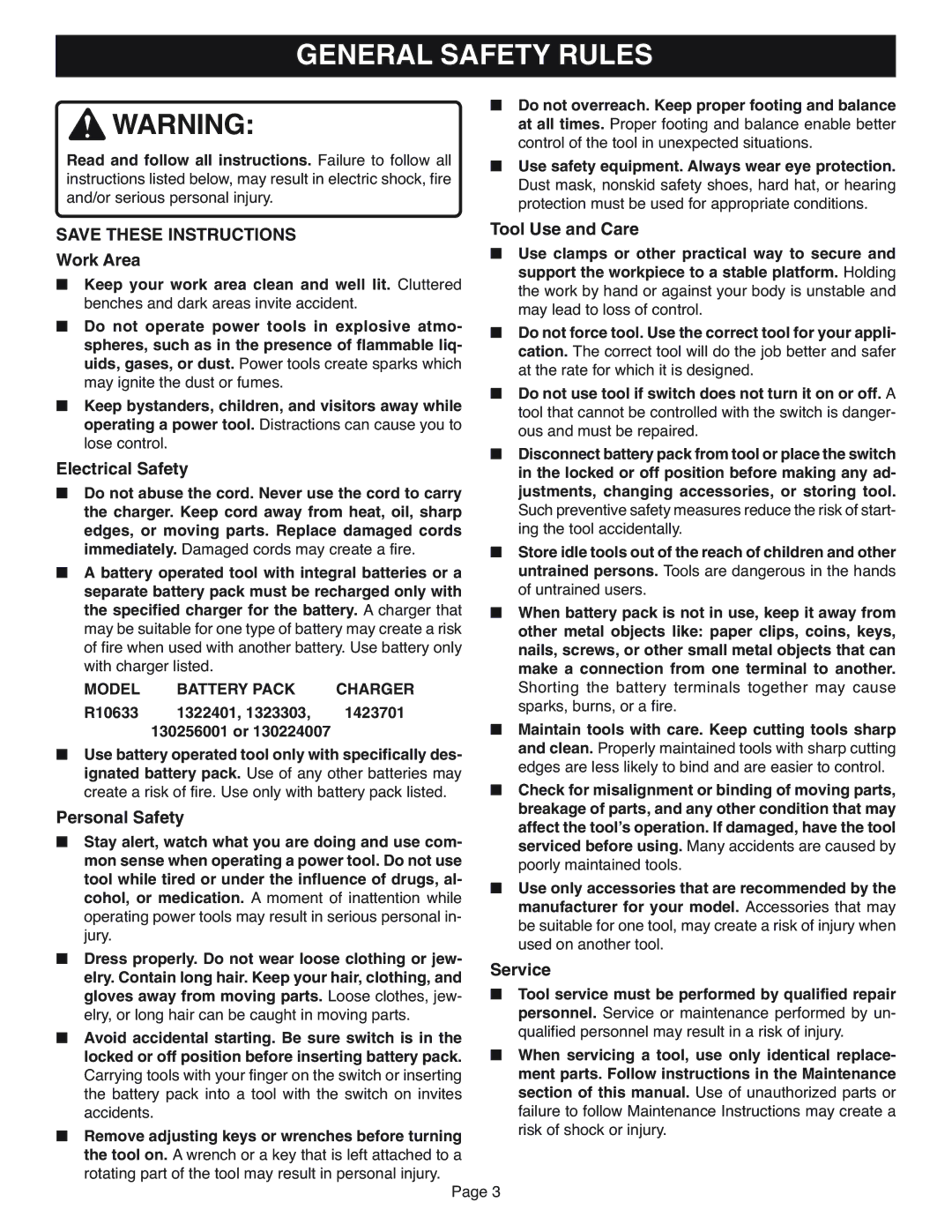 Ryobi R10633 specifications General Safety Rules, Model Battery Pack Charger 