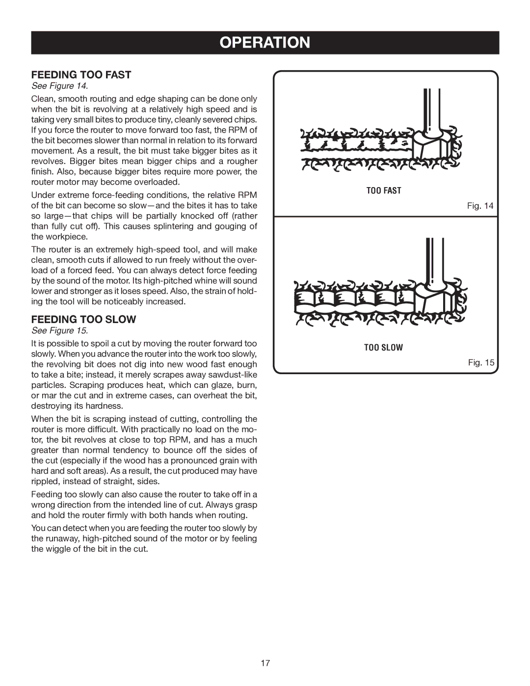 Ryobi R163K manual Feeding Too Fast, Feeding Too slow, Too fast Too slow 