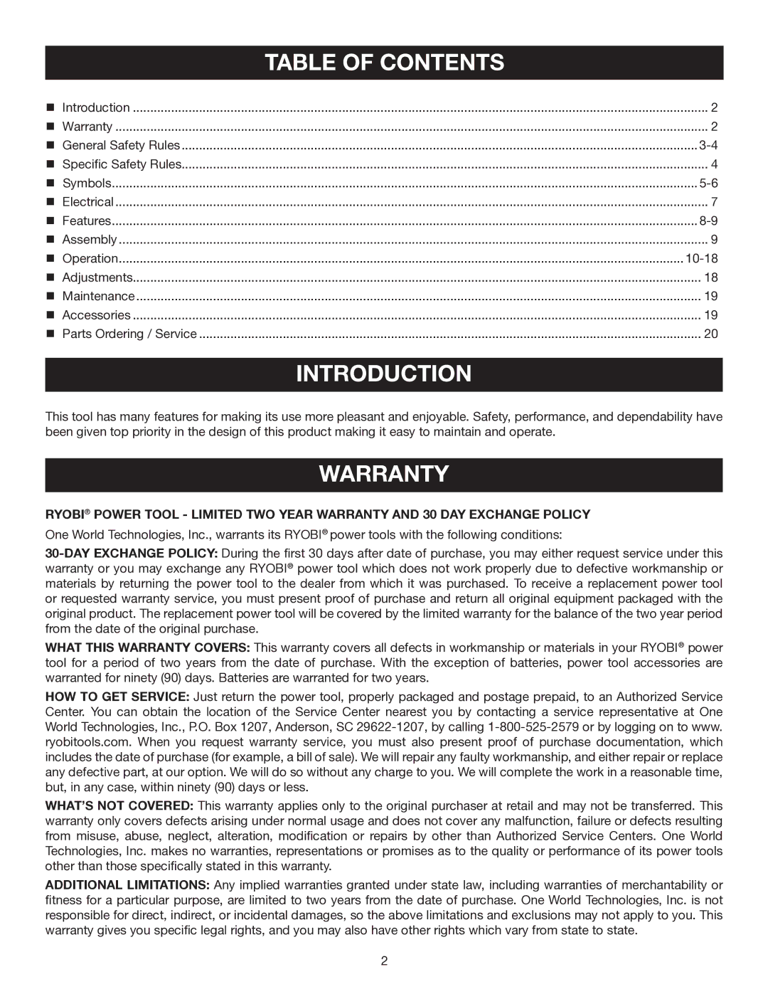 Ryobi R163K manual Introduction, Table of Contents 