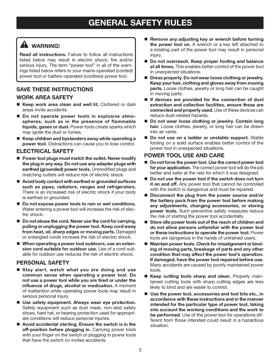 Ryobi R163K manual General Safety Rules, Work Area Safety, Electrical Safety, Personal Safety, Power Tool USE and Care 