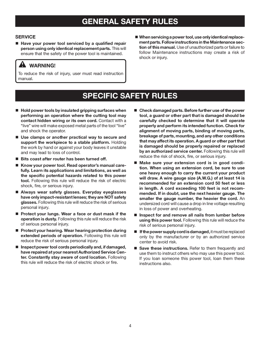 Ryobi R163K manual Specific Safety Rules, Service 