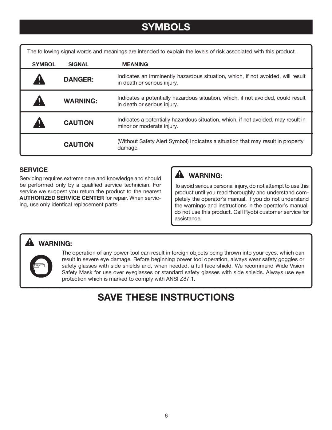 Ryobi R163K manual Service, Symbol Signal Meaning 