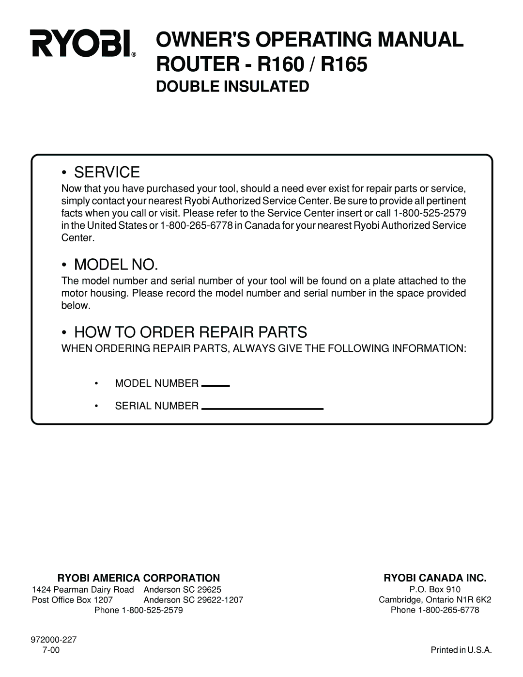 Ryobi R165, R160 specifications Service, Ryobi America Corporation Ryobi Canada INC 