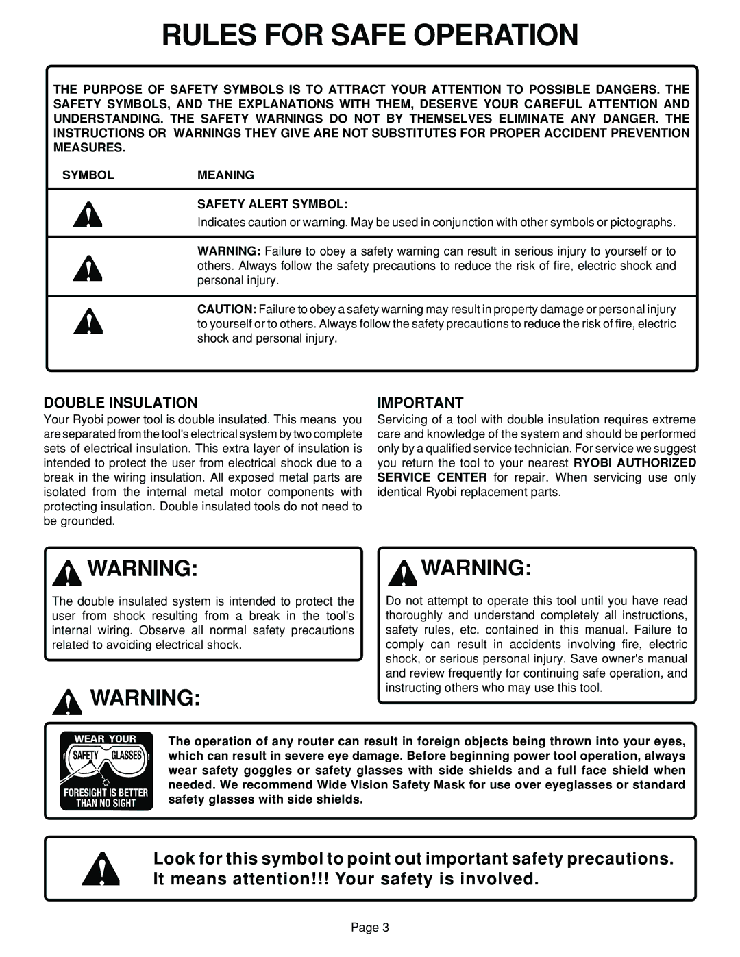 Ryobi R160, R165 specifications Rules for Safe Operation, Double Insulation 