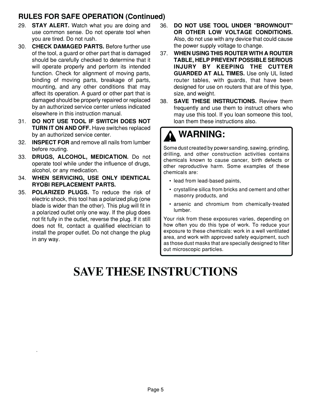 Ryobi R160, R165 specifications Rules for Safe Operation 