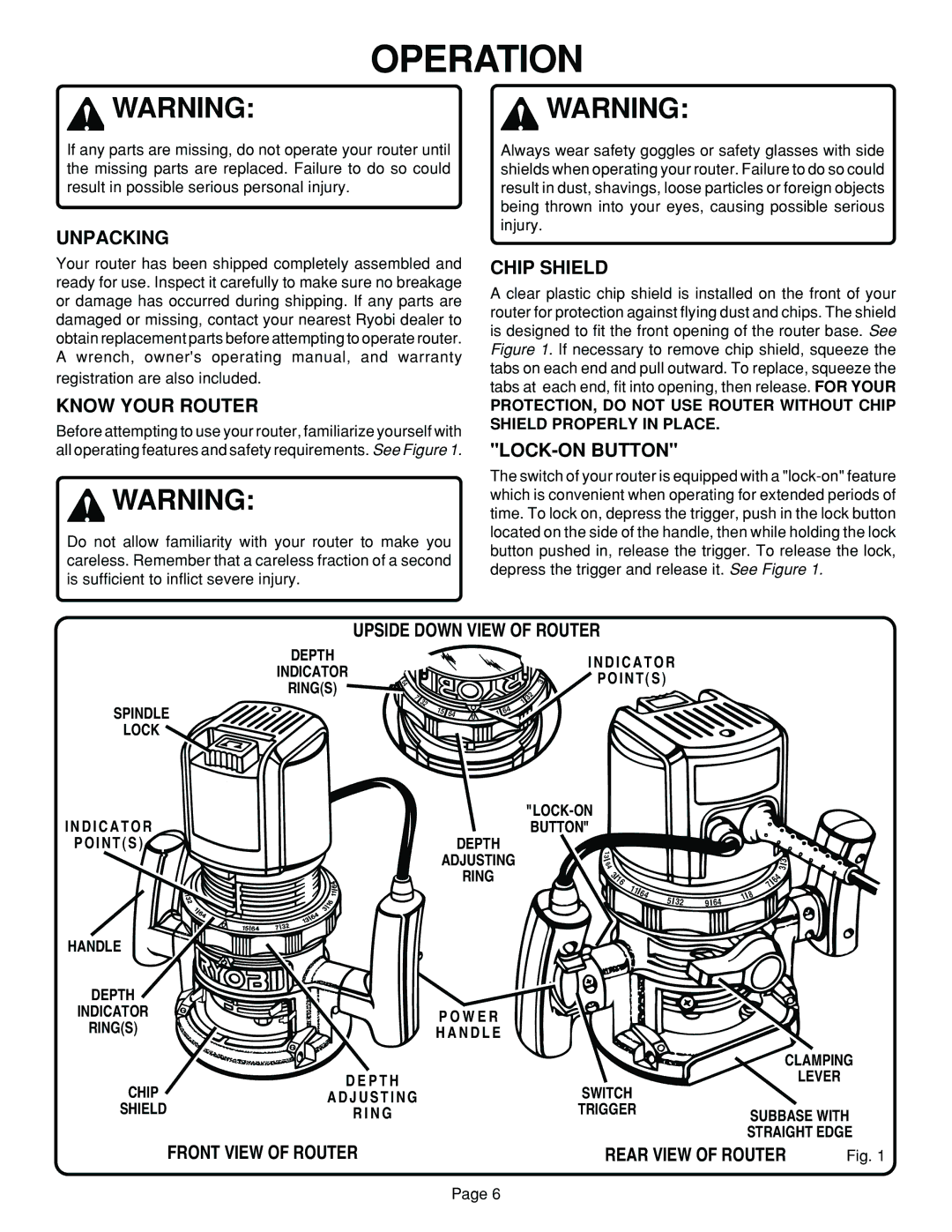 Ryobi R165, R160 specifications Operation 