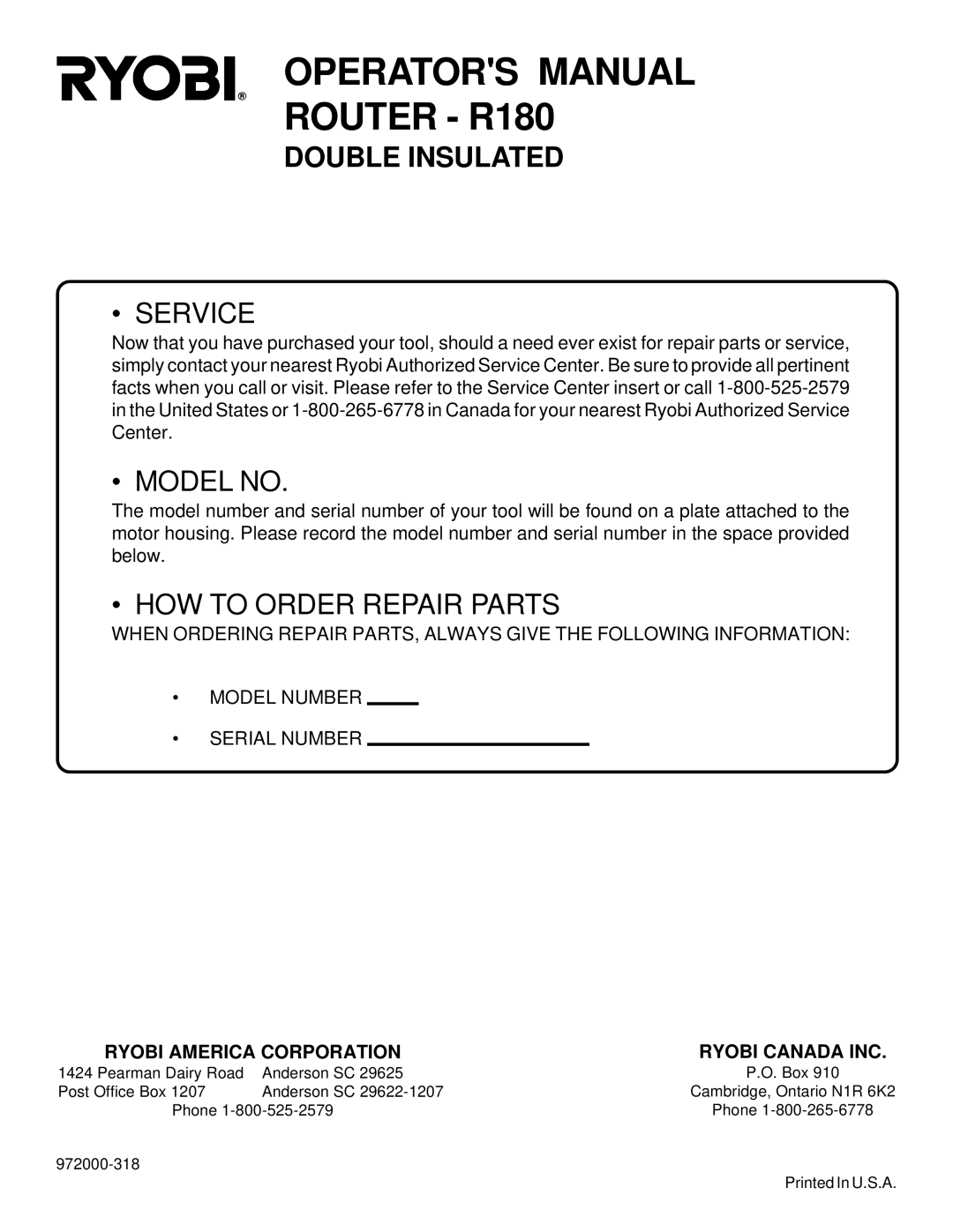 Ryobi R180 specifications Service, Ryobi America Corporation Ryobi Canada INC 