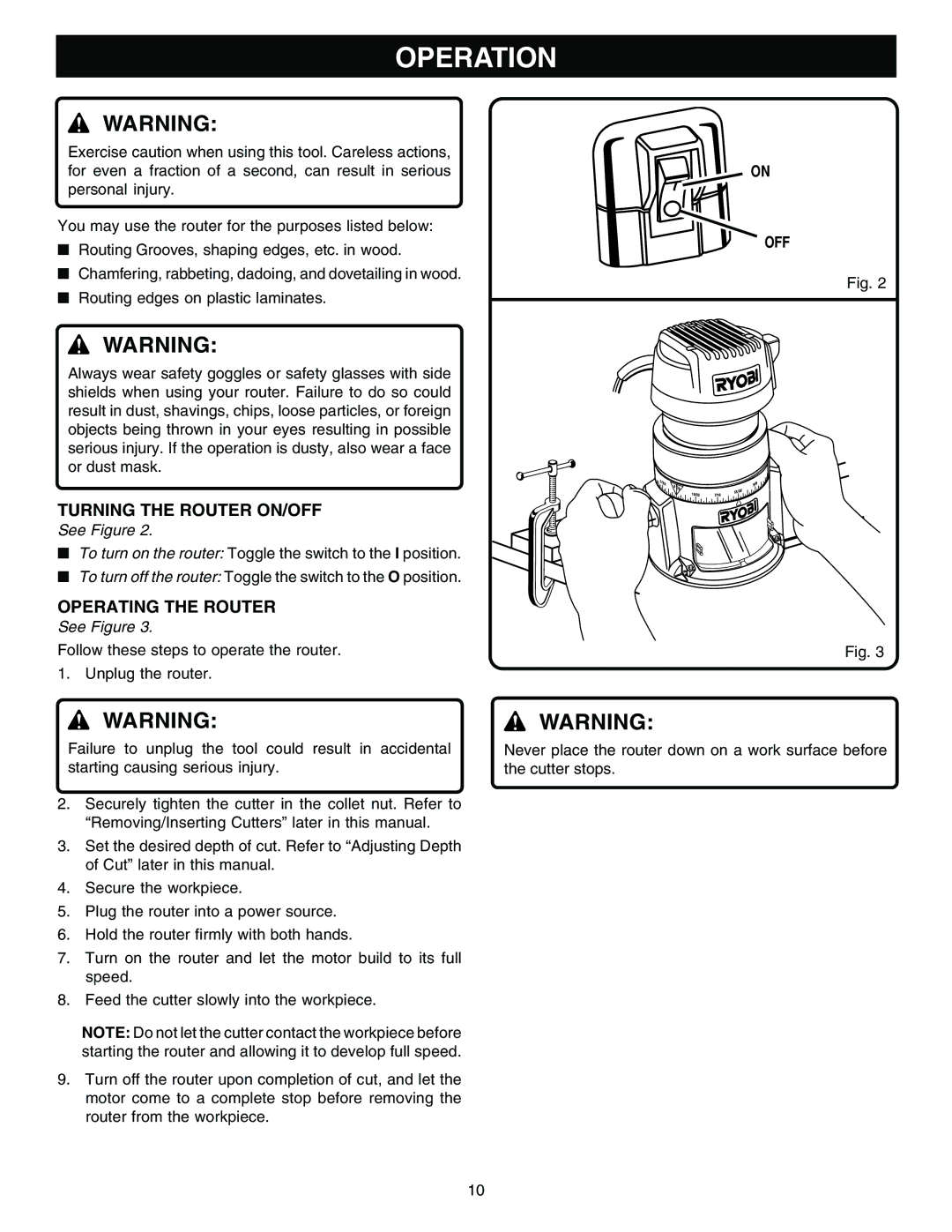 Ryobi R181FB1, R1801M1 manual Operation, Turning the Router ON/OFF, Operating the Router, Off 