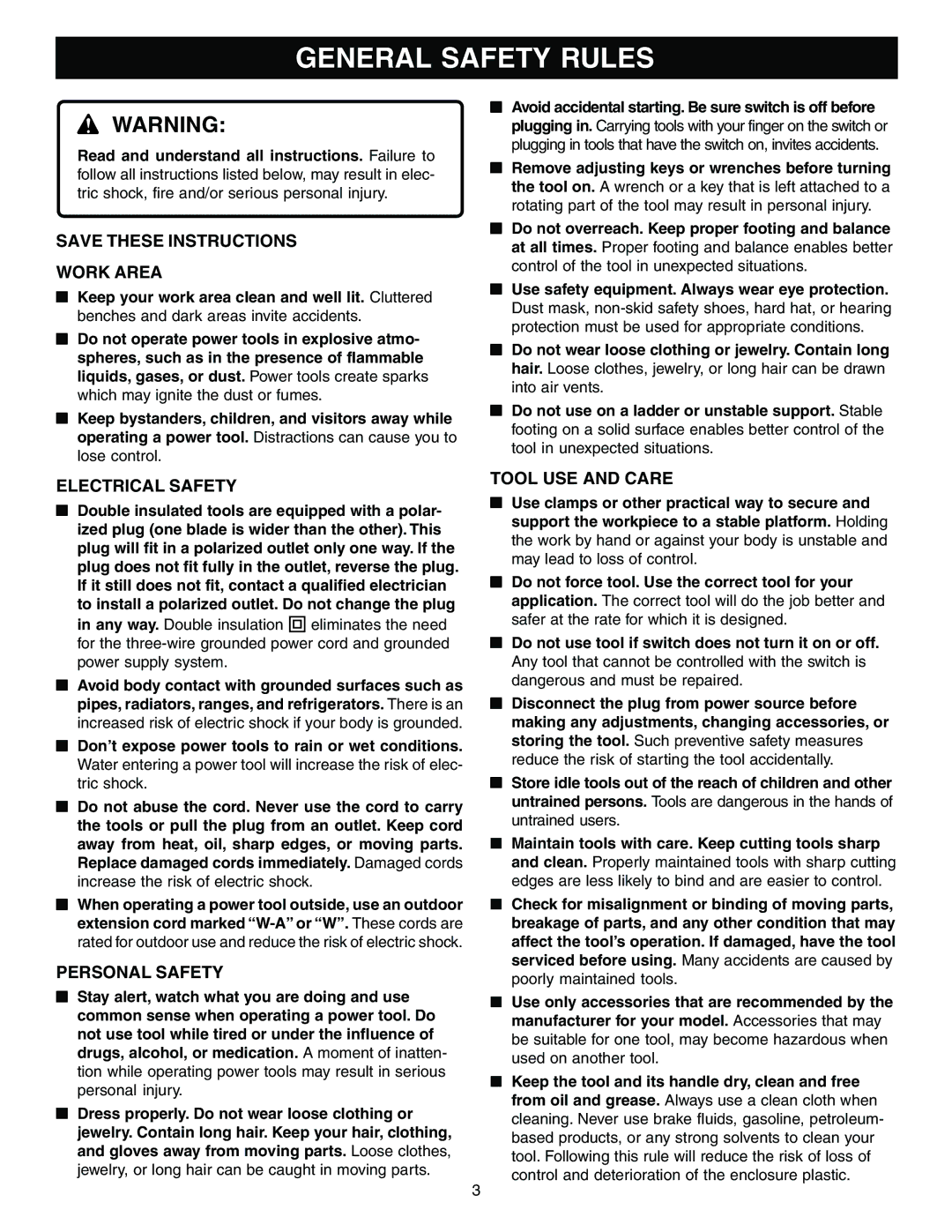 Ryobi R1801M1, R181FB1 manual General Safety Rules, Work Area, Electrical Safety, Personal Safety, Tool USE and Care 