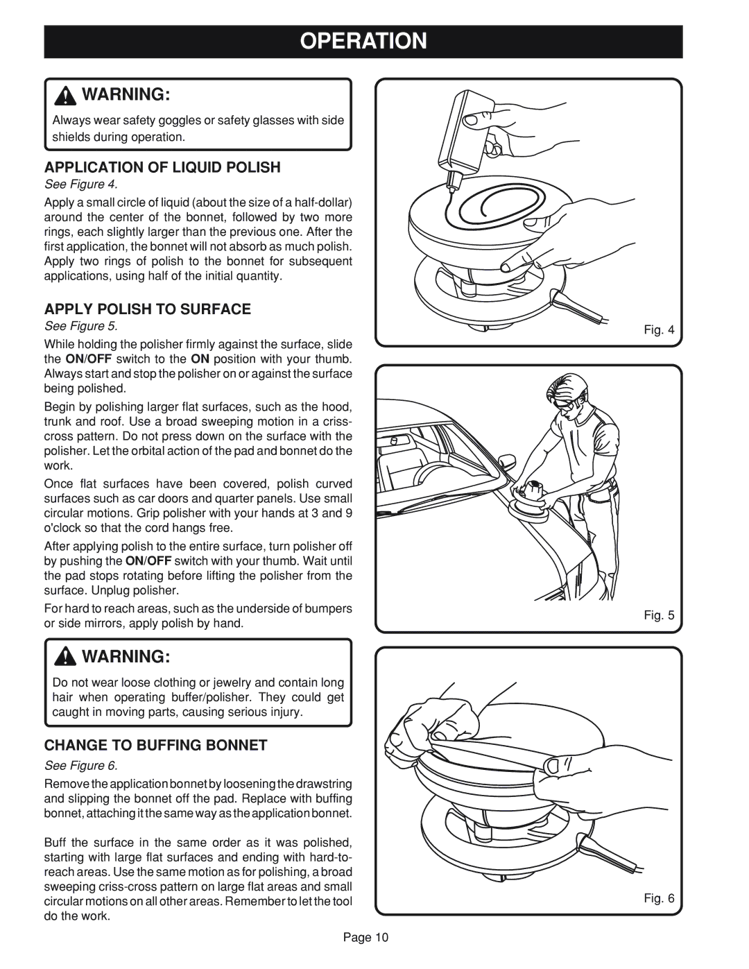 Ryobi RB101 manual Application of Liquid Polish, Apply Polish to Surface, Change to Buffing Bonnet 