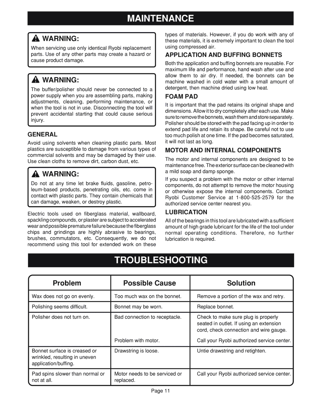 Ryobi RB101 manual Maintenance, Troubleshooting 