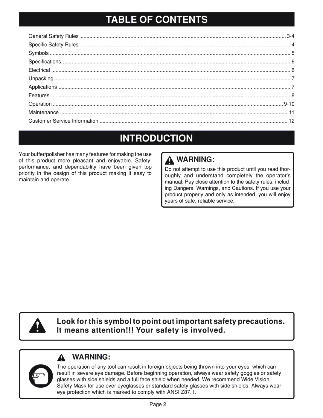 Ryobi RB101 manual Introduction, Table of Contents 