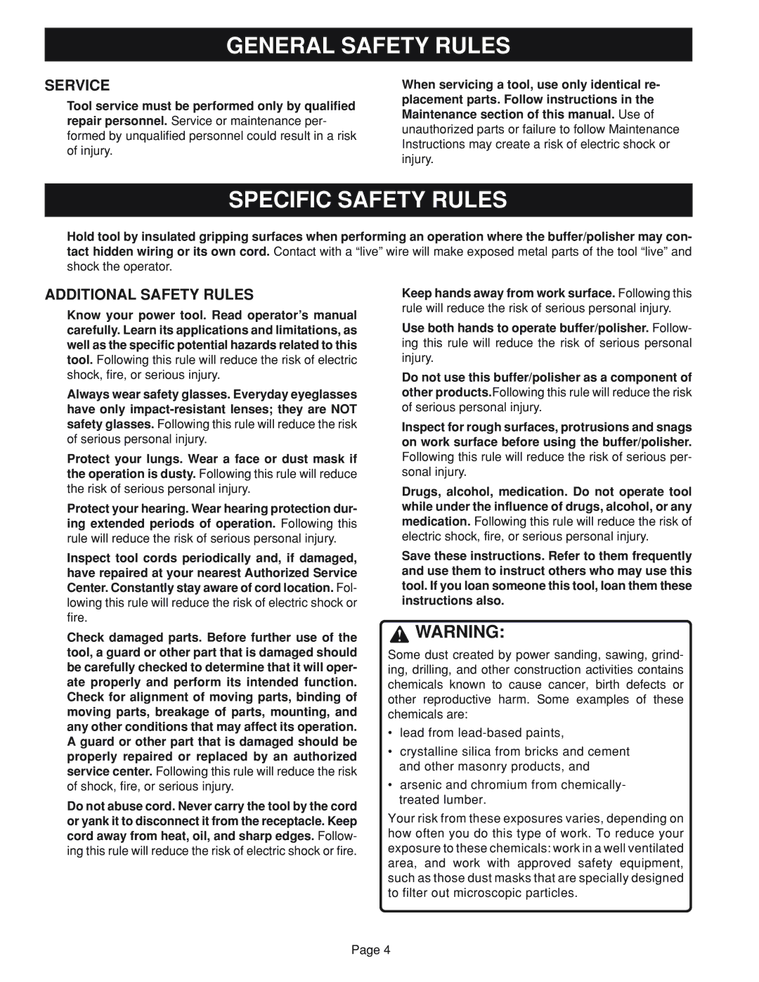 Ryobi RB101 manual Specific Safety Rules, Service, Additional Safety Rules 