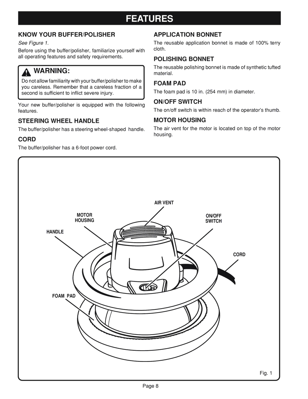 Ryobi RB101 manual Features 