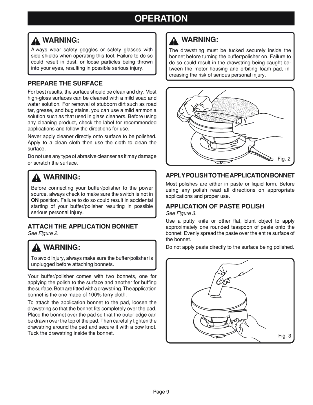 Ryobi RB101 manual Operation, Prepare the Surface, Attach the Application Bonnet, Apply Polish to the Application Bonnet 