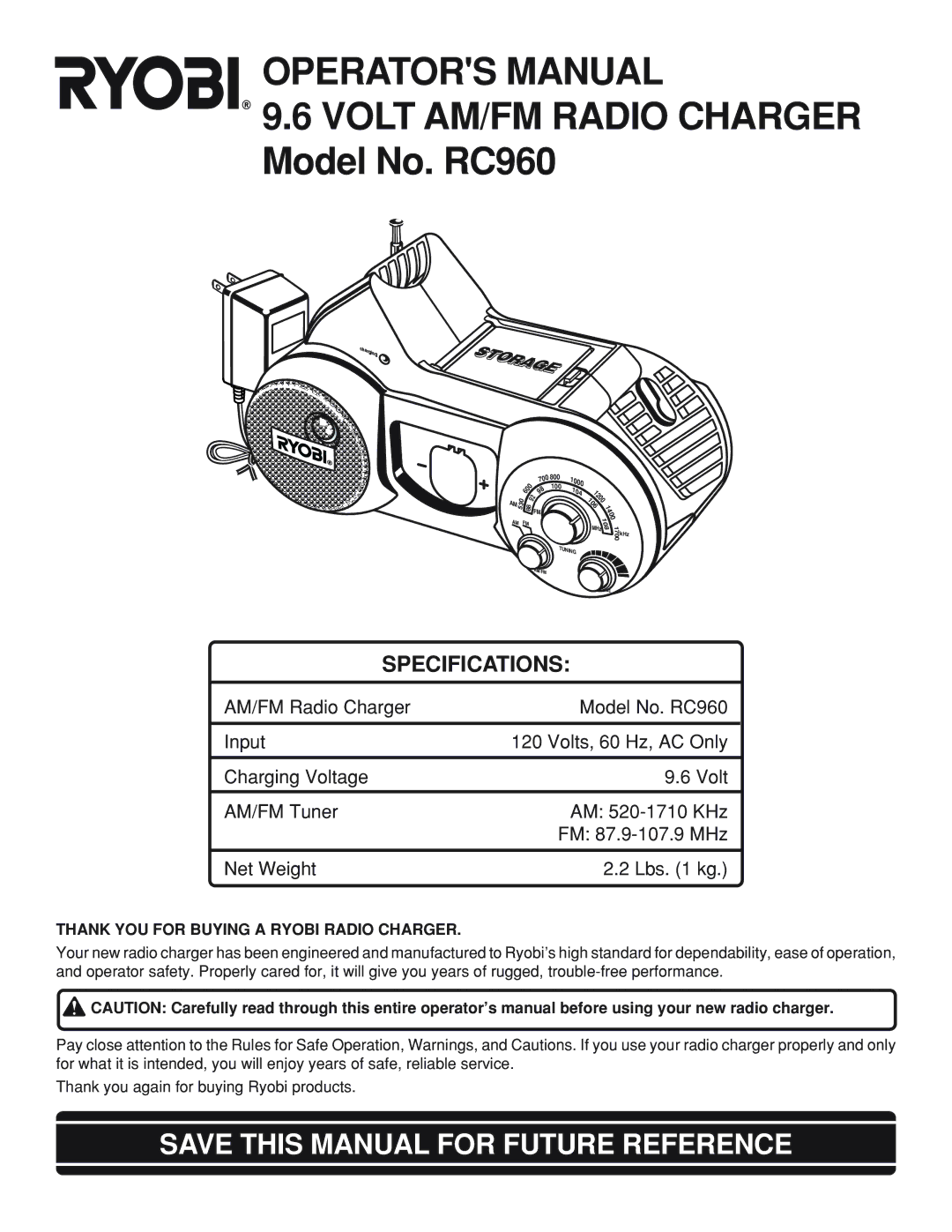 Ryobi RC960 specifications Save this Manual for Future Reference, Thank YOU for Buying a Ryobi Radio Charger 