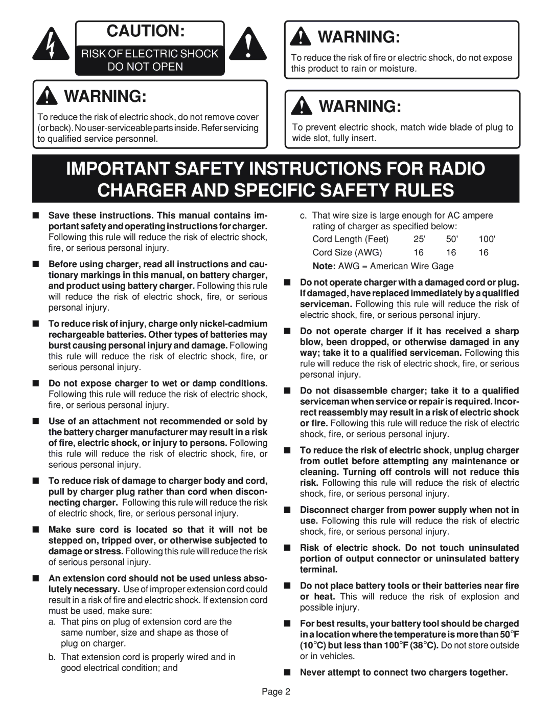 Ryobi RC960 specifications Risk of Electric Shock Do not Open 