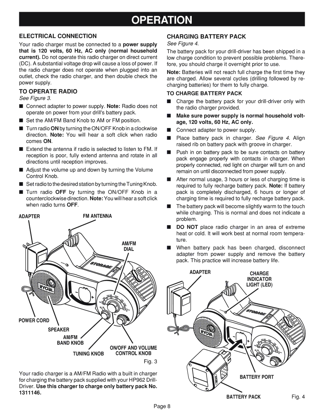 Ryobi RC960 specifications Electrical Connection, To Operate Radio, Charging Battery Pack 