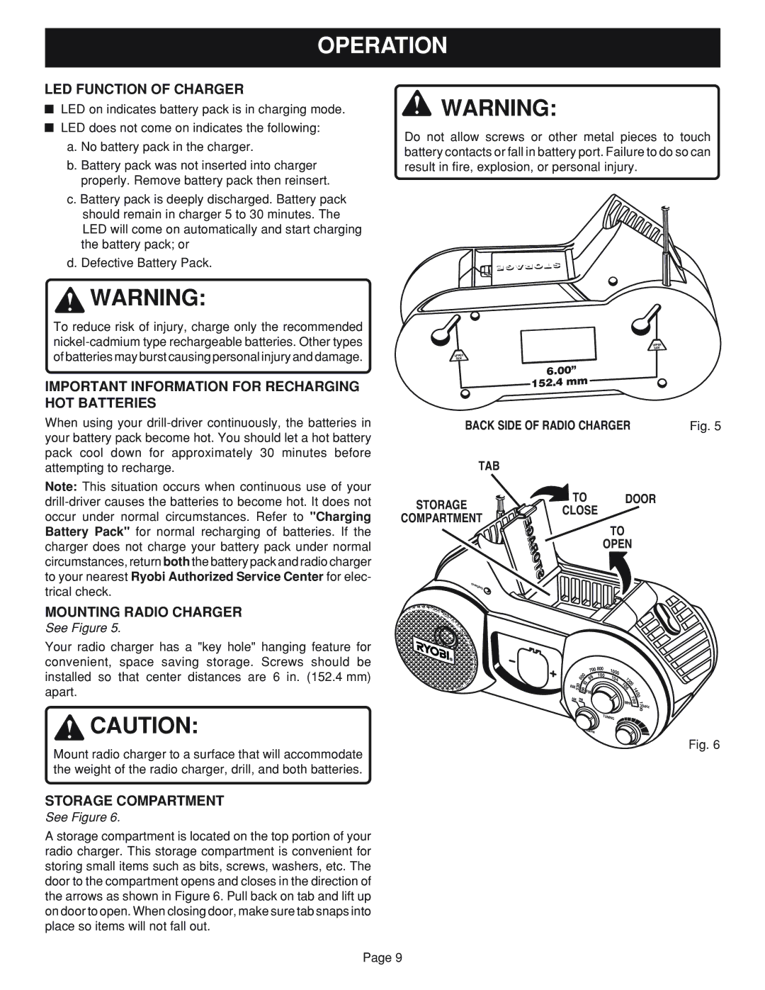 Ryobi RC960 Operation, LED Function of Charger, Important Information for Recharging HOT Batteries, Mounting Radio Charger 