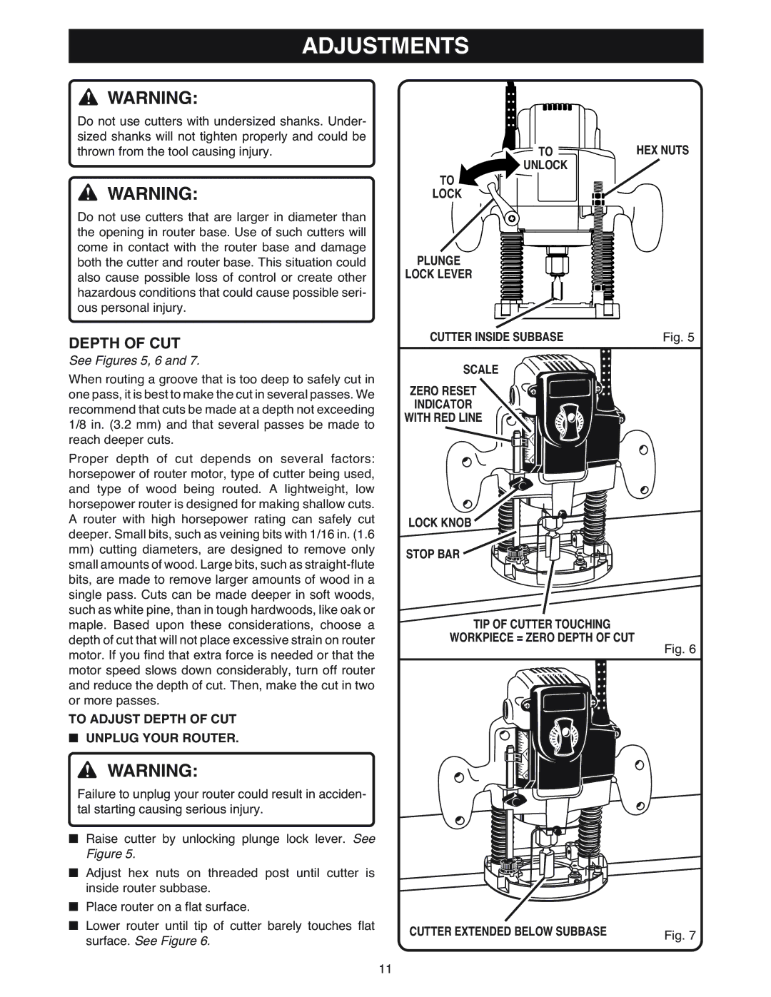 Ryobi RE180PL1 manual See Figures 5, 6, To Adjust Depth of CUT Unplug Your Router 