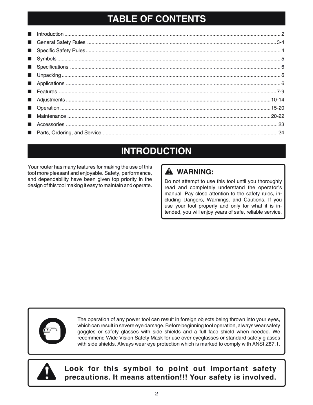 Ryobi RE180PL1 manual Introduction, Table of Contents 