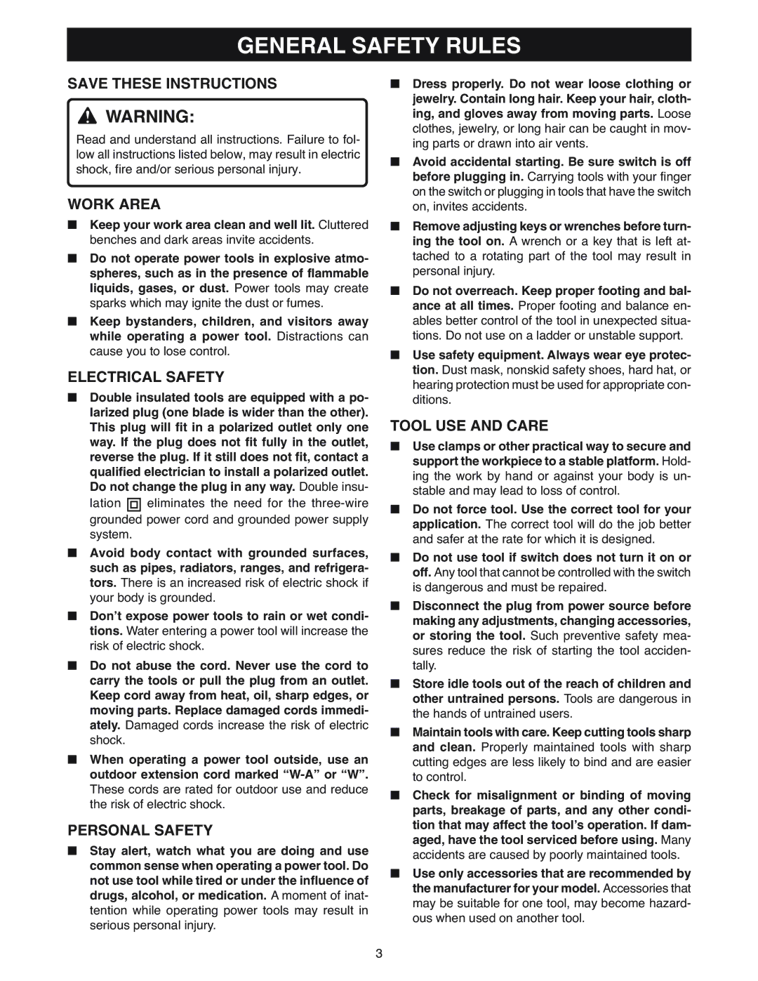 Ryobi RE180PL1 manual General Safety Rules, Work Area, Electrical Safety, Personal Safety, Tool USE and Care 